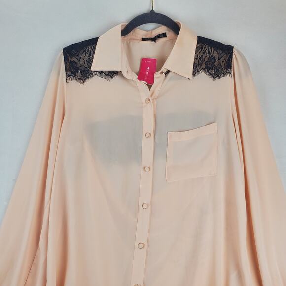 Y2K Fairy Grunge Silky Tunic Blouse M Peach w/ Black Floral Lace Sheer Open Back - Picture 9 of 14
